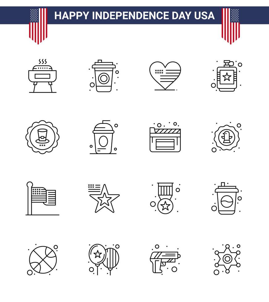 gelukkig onafhankelijkheid dag 4e juli reeks van 16 lijnen Amerikaans pictogram van drinken vloeistof liefde heup drinken bewerkbare Verenigde Staten van Amerika dag vector ontwerp elementen