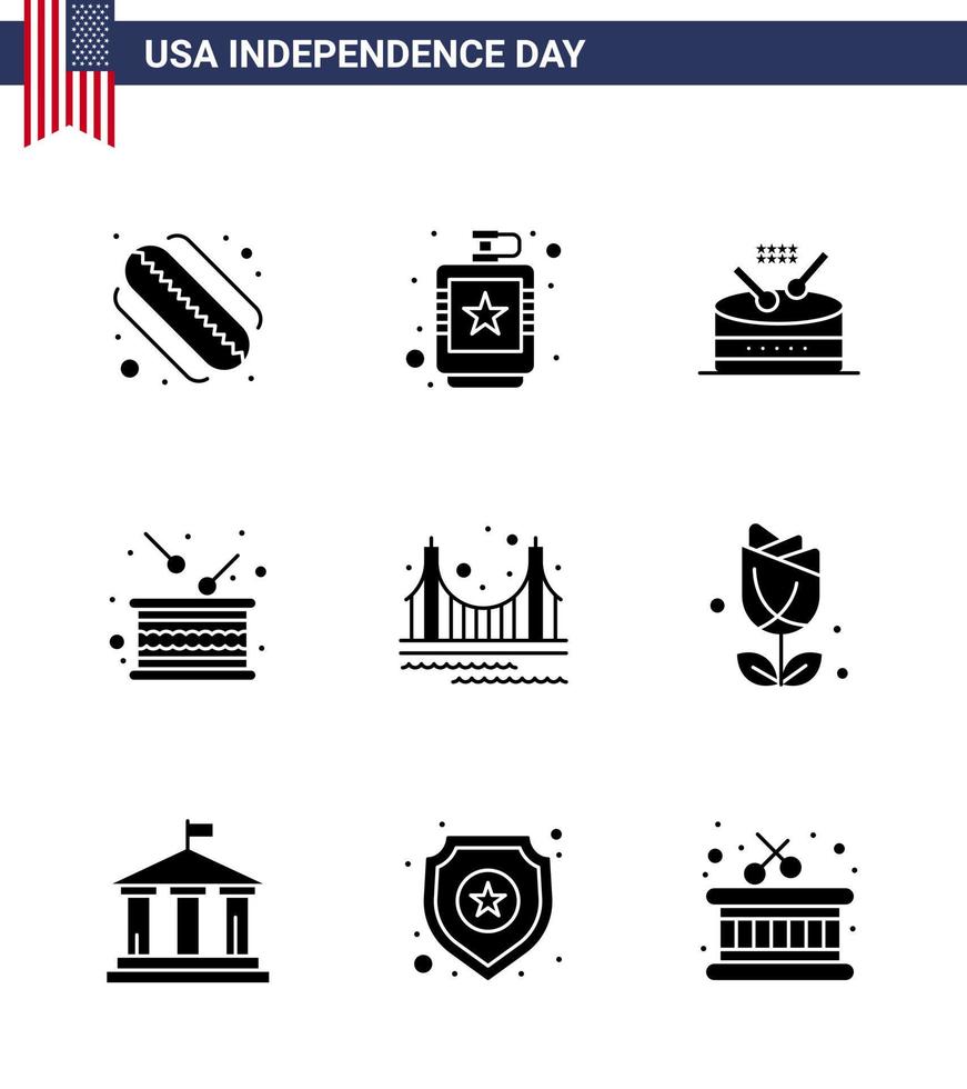 Verenigde Staten van Amerika onafhankelijkheid dag solide glyph reeks van 9 Verenigde Staten van Amerika pictogrammen van brug onafhankelijkheid trommel vakantie dag bewerkbare Verenigde Staten van Amerika dag vector ontwerp elementen