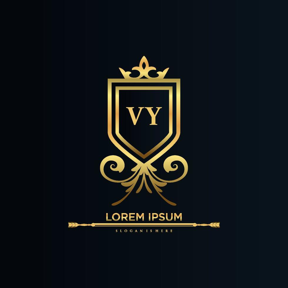 vy brief eerste met Koninklijk sjabloon.elegant met kroon logo vector, creatief belettering logo vector illustratie.