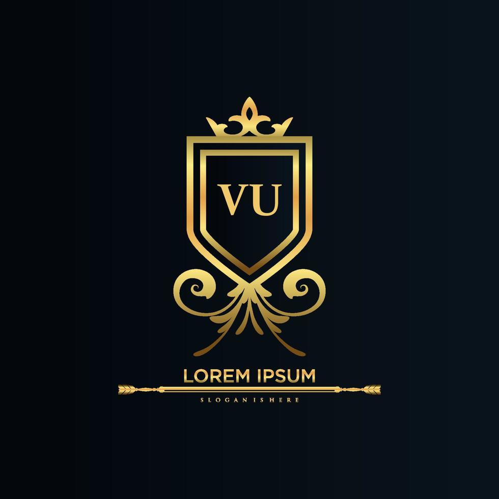 vu brief eerste met Koninklijk sjabloon.elegant met kroon logo vector, creatief belettering logo vector illustratie.