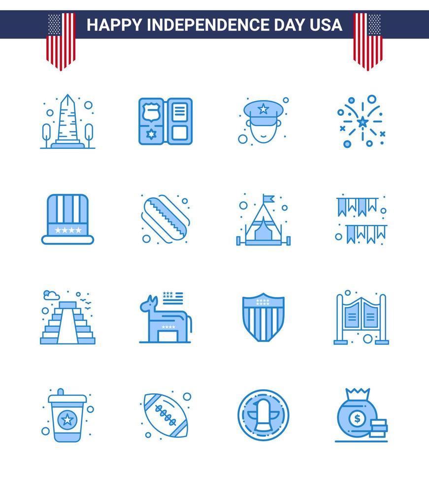 16 Verenigde Staten van Amerika blauw pak van onafhankelijkheid dag tekens en symbolen van pet Verenigde Staten van Amerika ster Amerikaans vuurwerk bewerkbare Verenigde Staten van Amerika dag vector ontwerp elementen