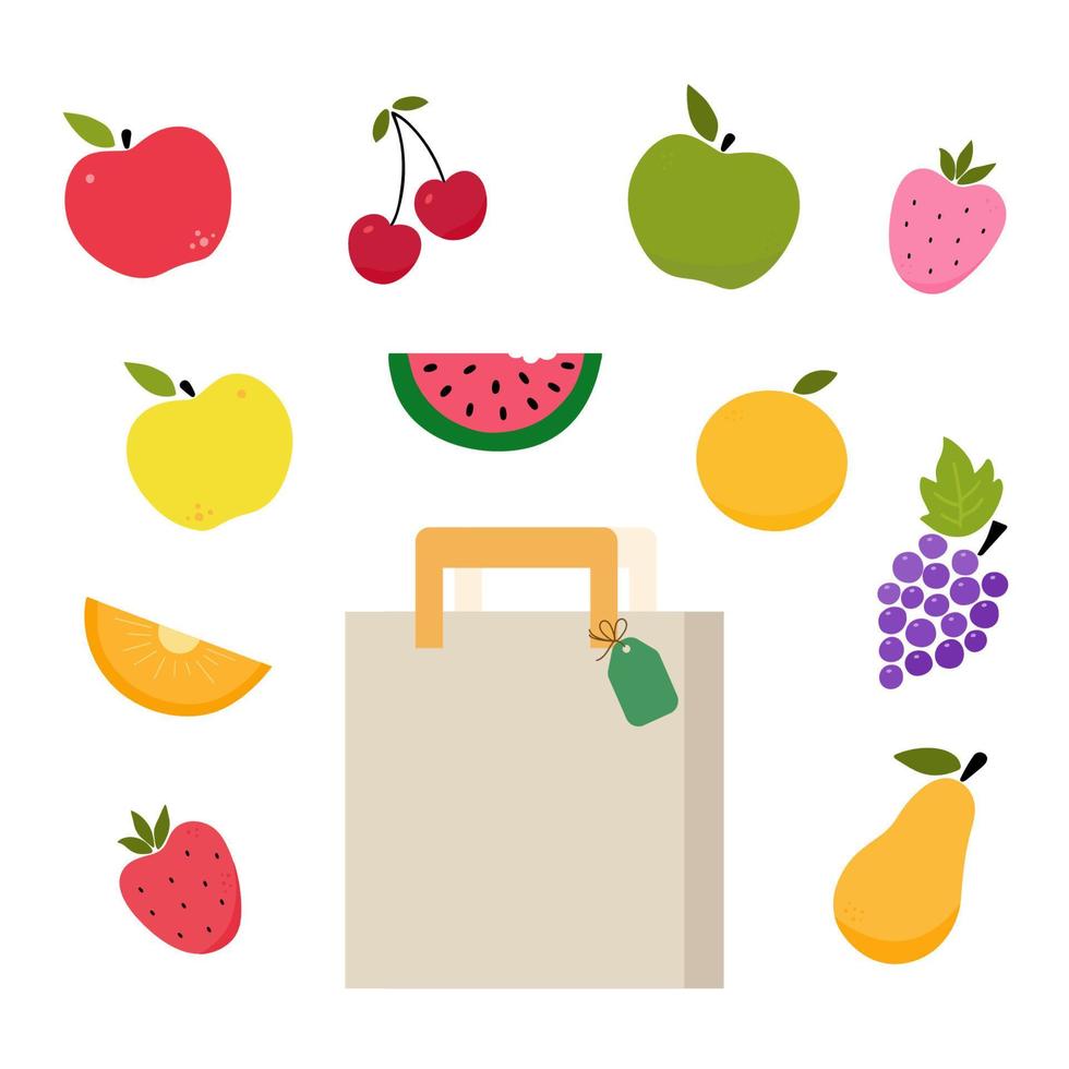 papier zak met vruchten. aannemer. monteren het jezelf. vers fruit kopen. boeren markt. boodschappen doen voor biologisch producten. eco concept. vlak vector illustratie