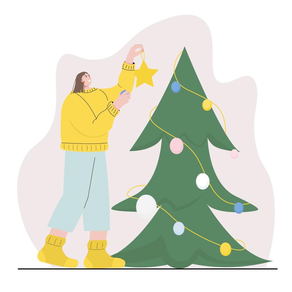 een vrouw is voorbereidingen treffen voor de nieuw jaar, decoreren een Kerstmis boom voor de vakantie, hangende Kerstmis speelgoed. vector illustratie