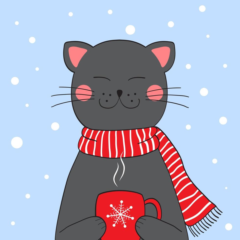 schattig grijs kat met een kop van koffie. kat in een rood gestreept sjaal Aan een besneeuwd achtergrond. winter vector illustratie