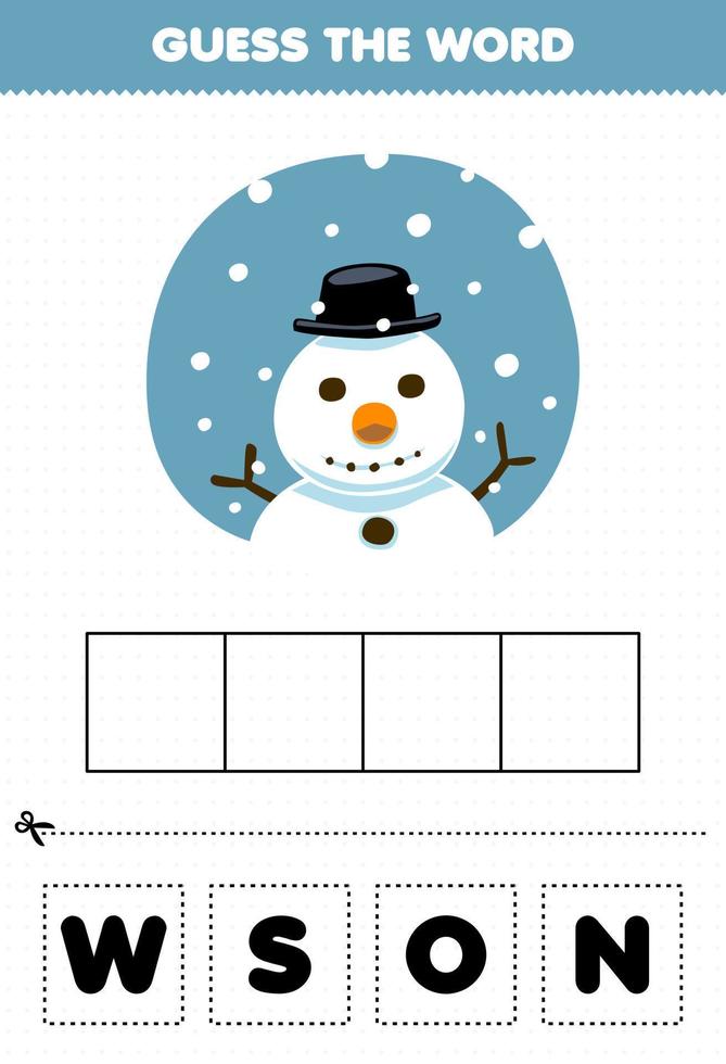 onderwijs spel voor kinderen Raad eens de woord brieven beoefenen van schattig tekenfilm sneeuwman afdrukbare winter werkblad vector