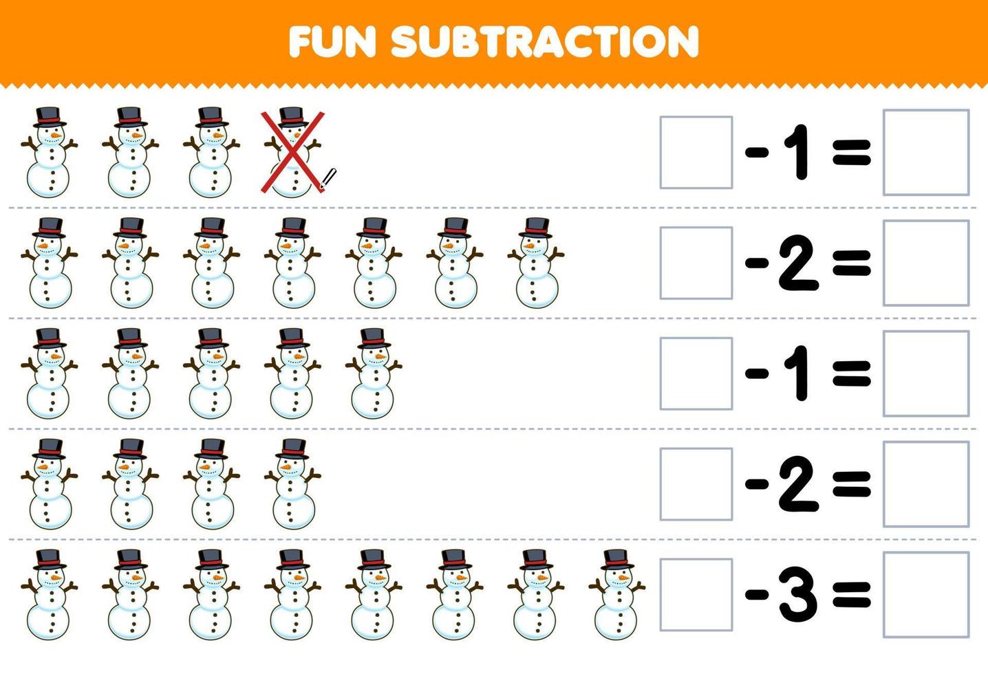 onderwijs spel voor kinderen pret aftrekken door tellen schattig tekenfilm sneeuwman elk rij en elimineren het afdrukbare winter werkblad vector