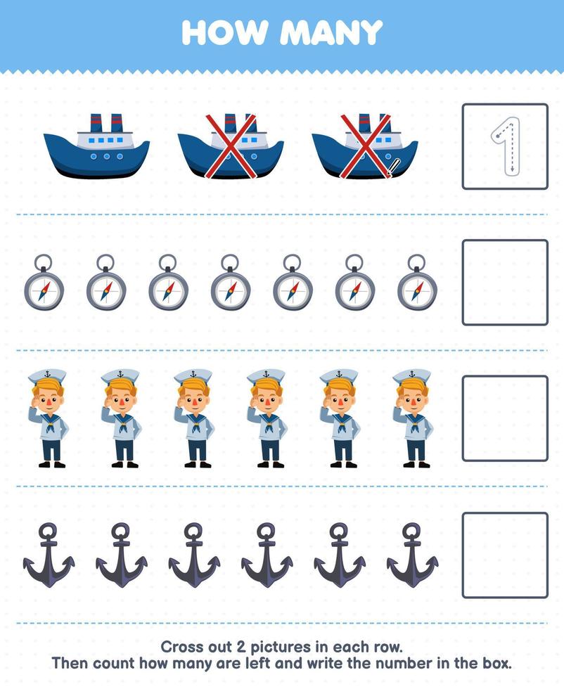 onderwijs spel voor kinderen tellen hoe veel schattig tekenfilm schip kompas matroos anker en schrijven de aantal in de doos afdrukbare beroep werkblad vector