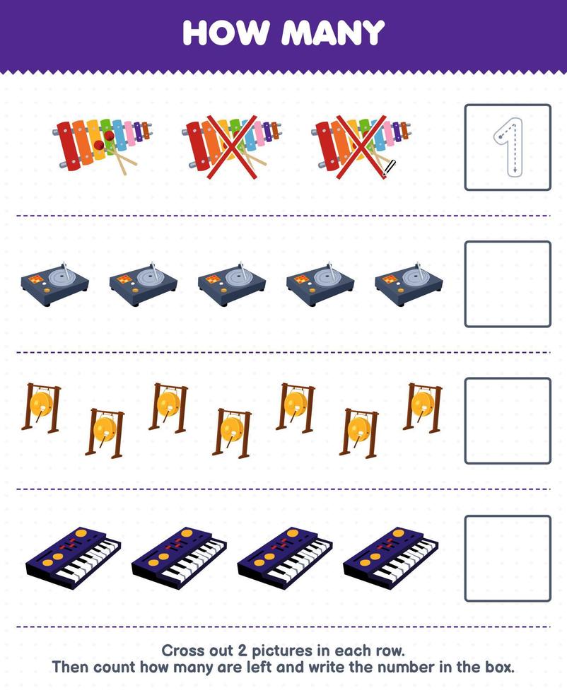 onderwijs spel voor kinderen tellen hoe veel tekenfilm xylofoon draaitafel gong synthesizer en schrijven de aantal in de doos afdrukbare muziek- instrument werkblad vector