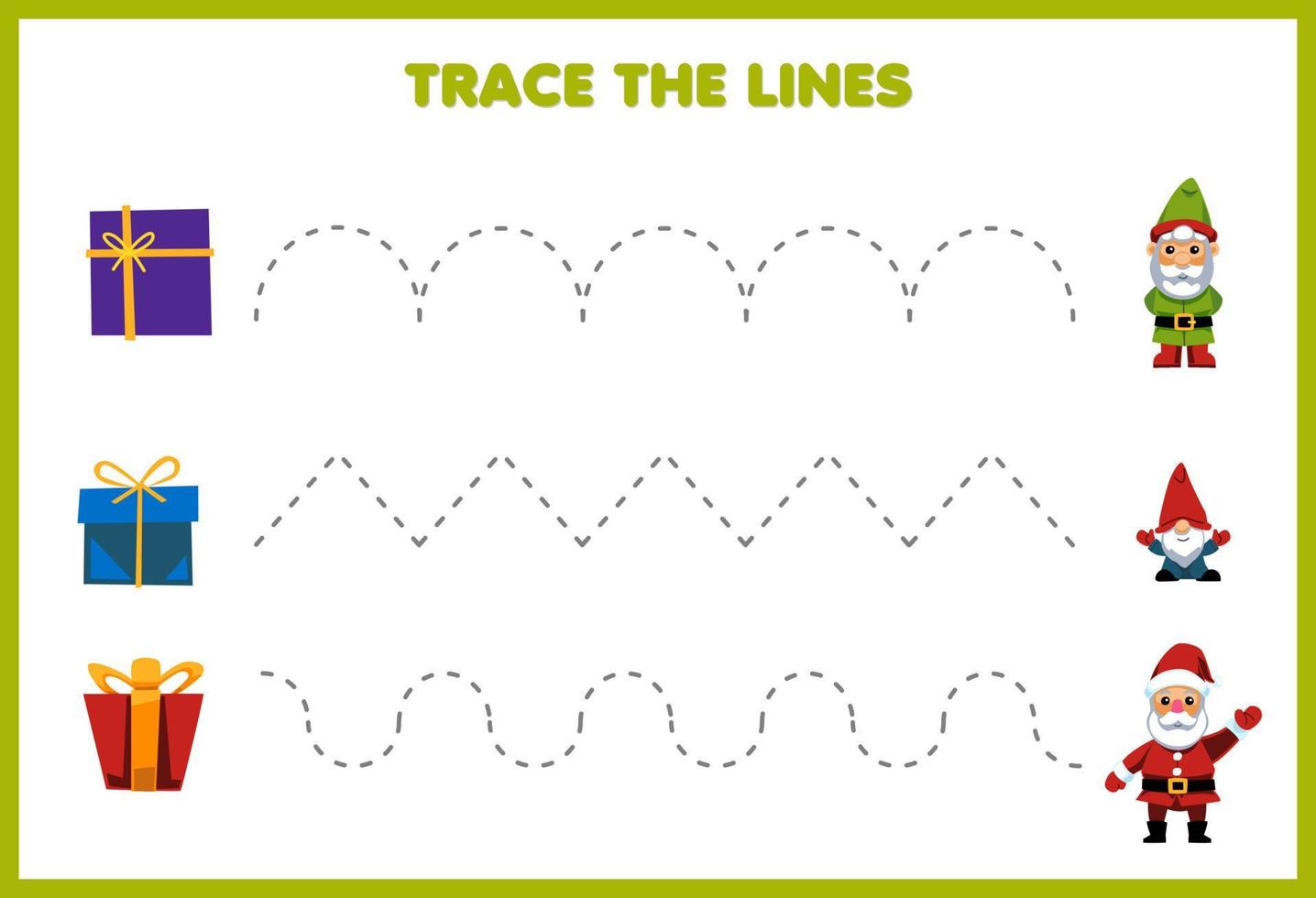 onderwijs spel voor kinderen handschrift praktijk spoor de lijnen met schattig tekenfilm geschenk doos Actie naar gnoom en de kerstman afdrukbare winter werkblad vector