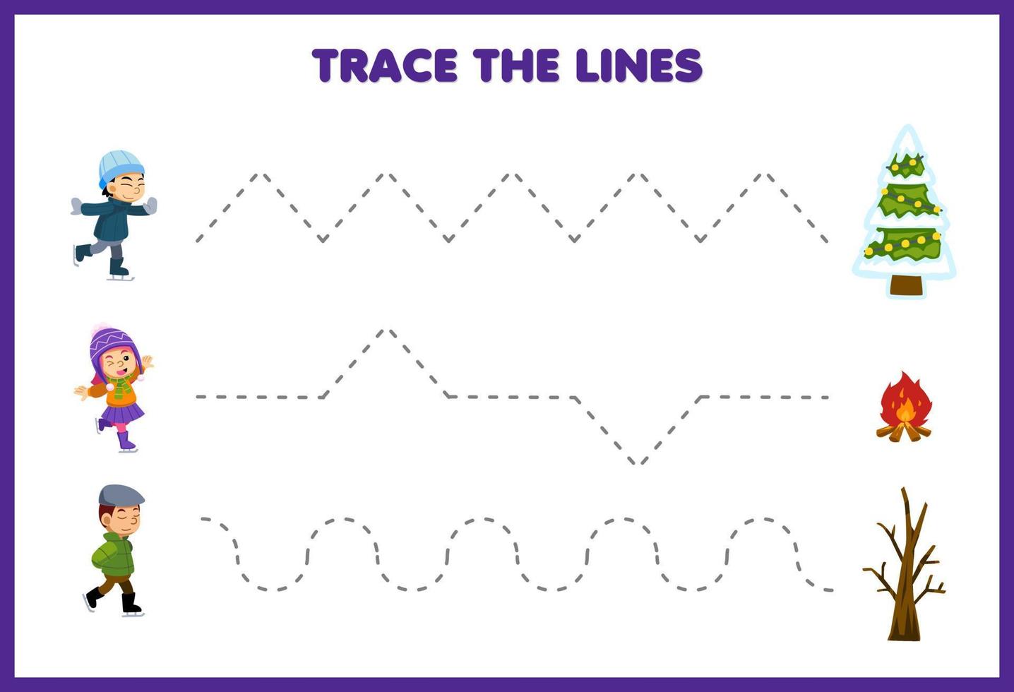 onderwijs spel voor kinderen handschrift praktijk spoor de lijnen met schattig tekenfilm kind spelen ijs het schaatsen Actie naar boom en vreugdevuur afdrukbare winter werkblad vector