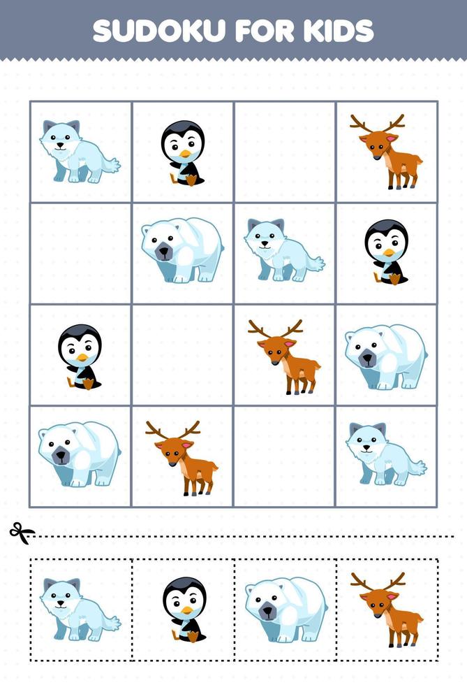 onderwijs spel voor kinderen sudoku voor kinderen met schattig tekenfilm arctisch vos pinguïn polair beer hert afdrukbare winter werkblad vector