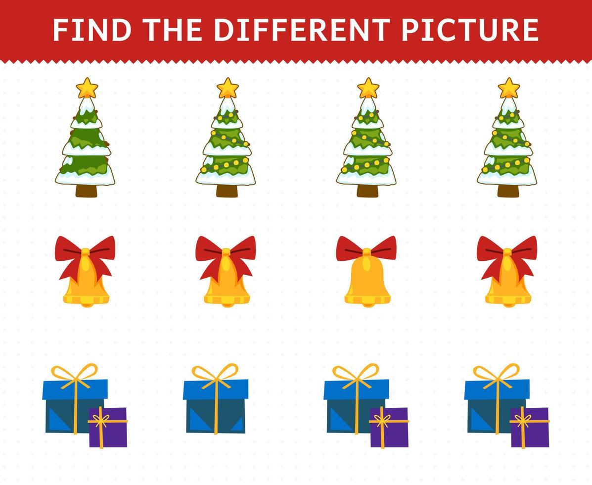 onderwijs spel voor kinderen vind de verschillend afbeelding in elk rij van schattig tekenfilm Kerstmis boom klok geschenk doos afdrukbare winter werkblad vector