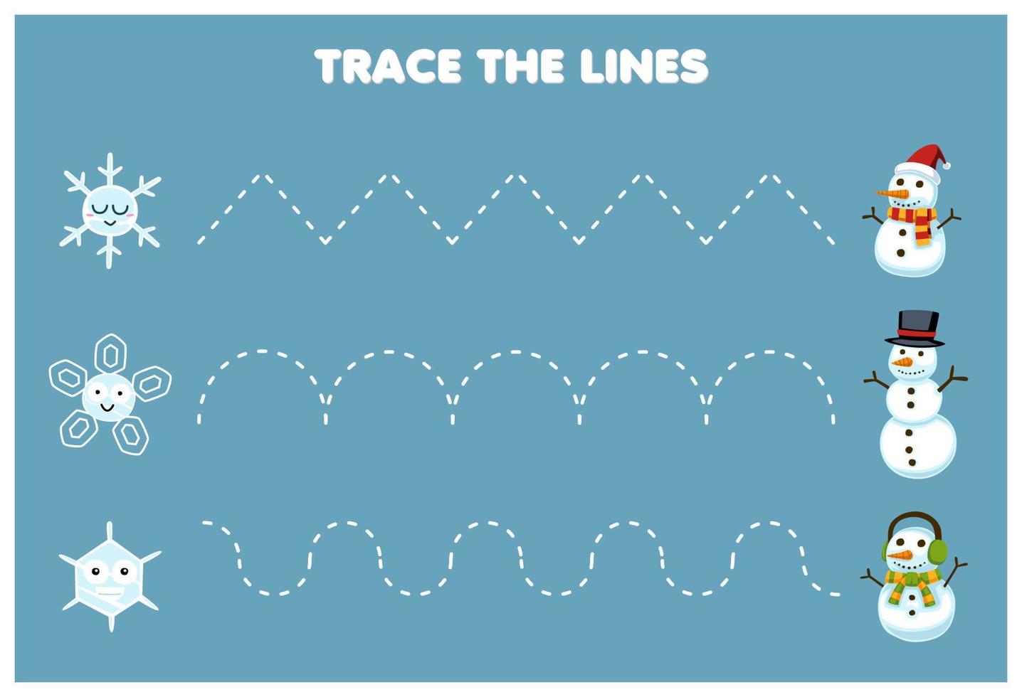 onderwijs spel voor kinderen handschrift praktijk spoor de lijnen met schattig tekenfilm sneeuwvlok Actie naar sneeuwman afdrukbare winter werkblad vector