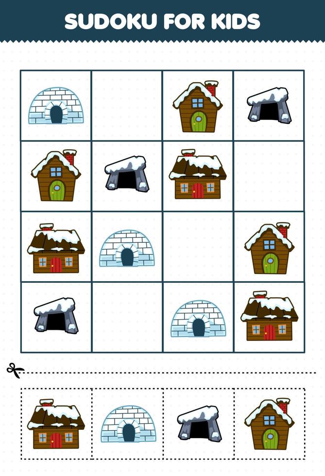 onderwijs spel voor kinderen sudoku voor kinderen met schattig tekenfilm iglo hol besneeuwd huis afdrukbare winter werkblad vector
