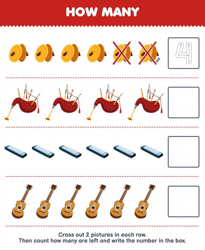 onderwijs spel voor kinderen tellen hoe veel tekenfilm bekken doedelzakken mondharmonica gitaar en schrijven de aantal in de doos afdrukbare muziek- instrument werkblad vector
