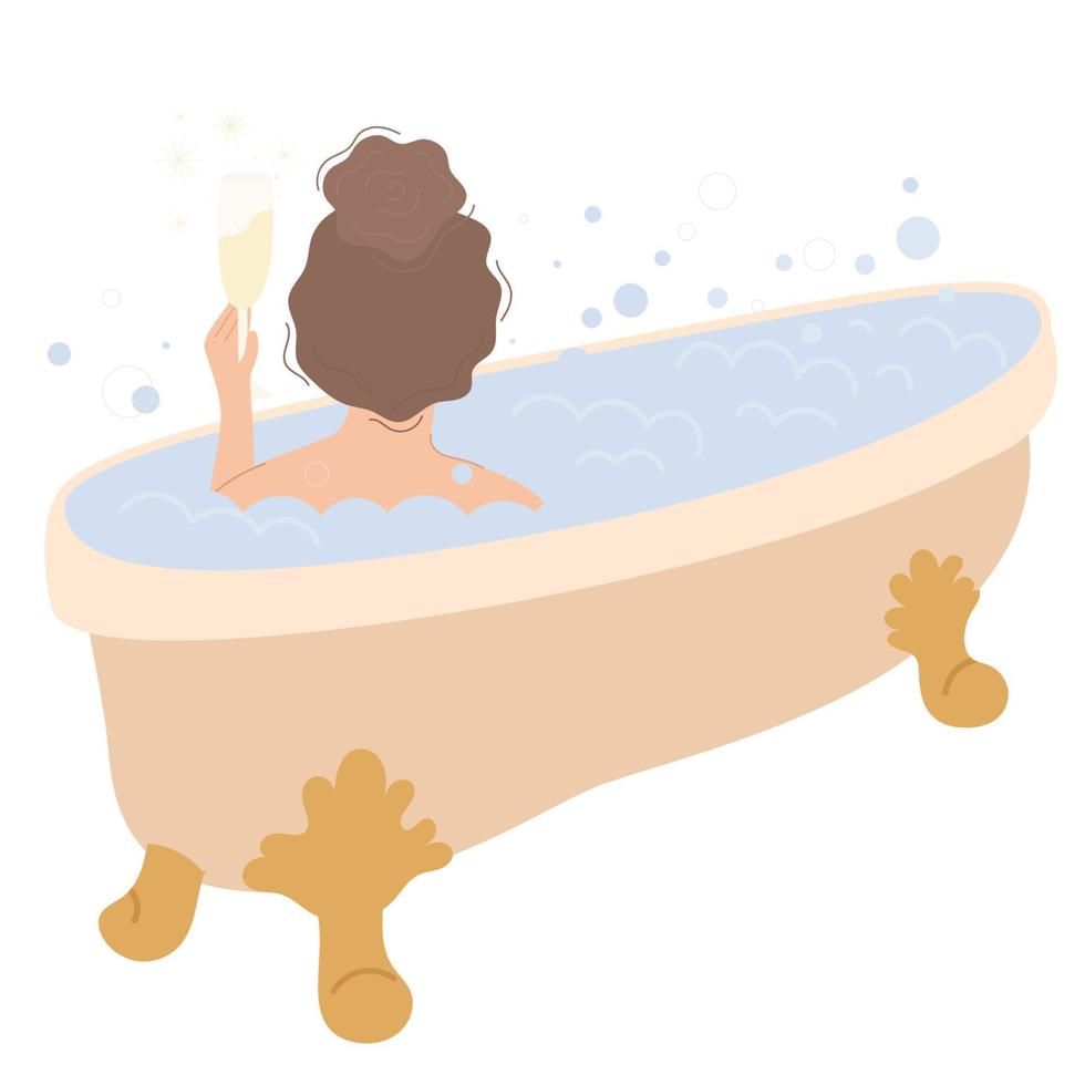 ontspannen vrouw aan het liegen Bij bad kuip met een glas van Champagne en bubbels schuim. vrouw nemen een bad.bubbel bad dag. vector