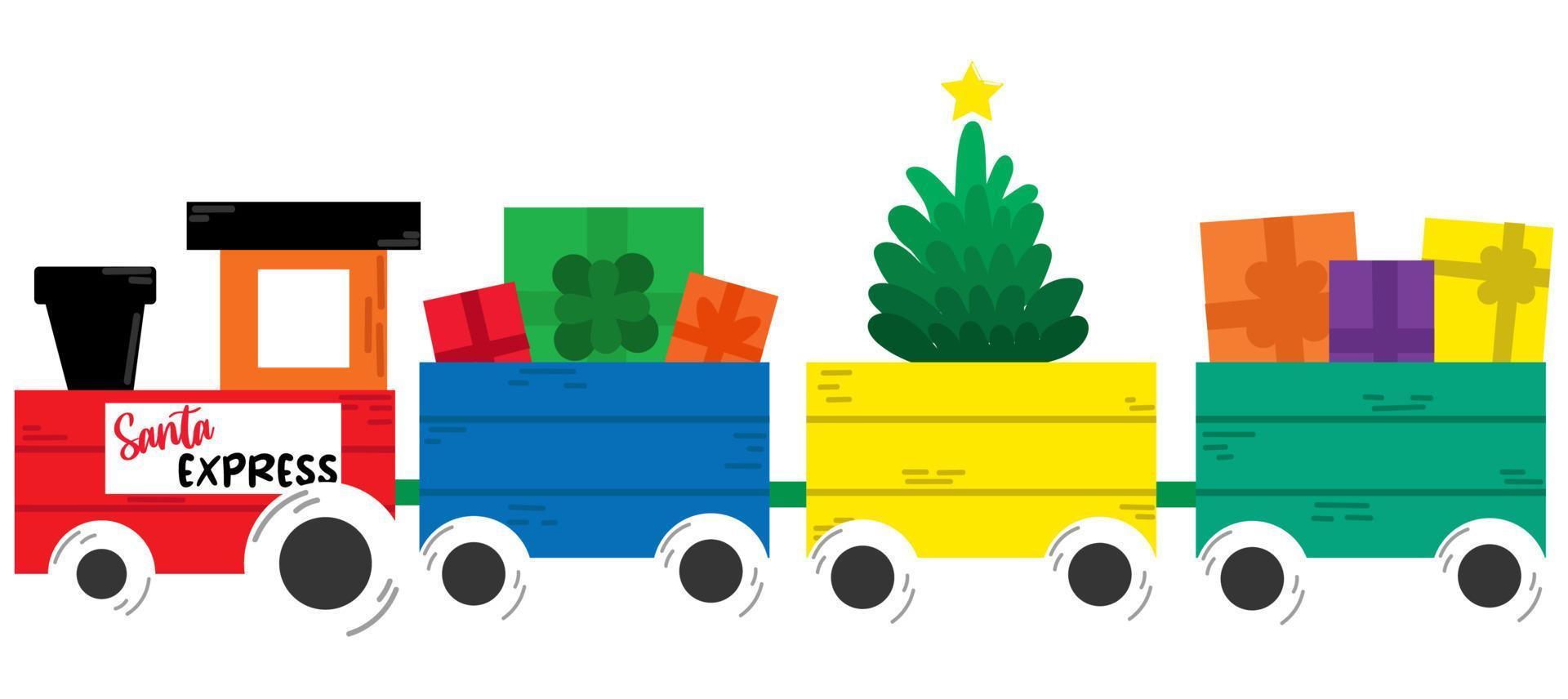 kleurrijk Kerstmis trein met presenteert en nieuw jaar boom. trein voor kinderen, de kerstman uitdrukken. vector