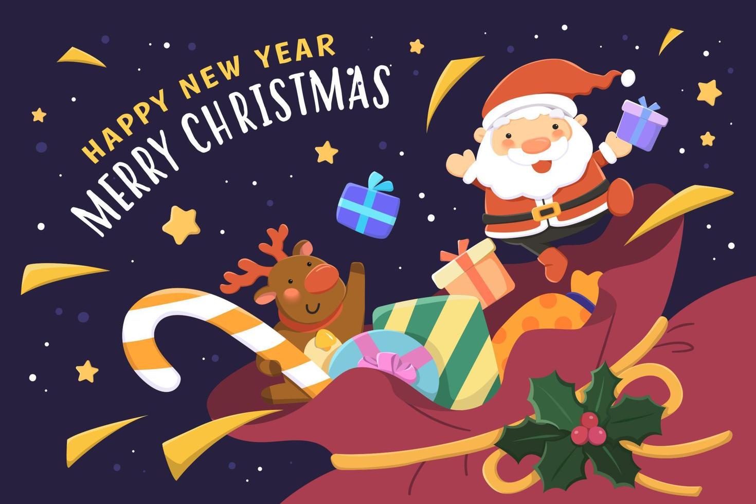 Kerstmis en nieuw jaar groet kaart. vlak illustratie van de kerstman claus en rendier stuiteren uit van een rood zak met cadeaus Aan donker blauw achtergrond vector