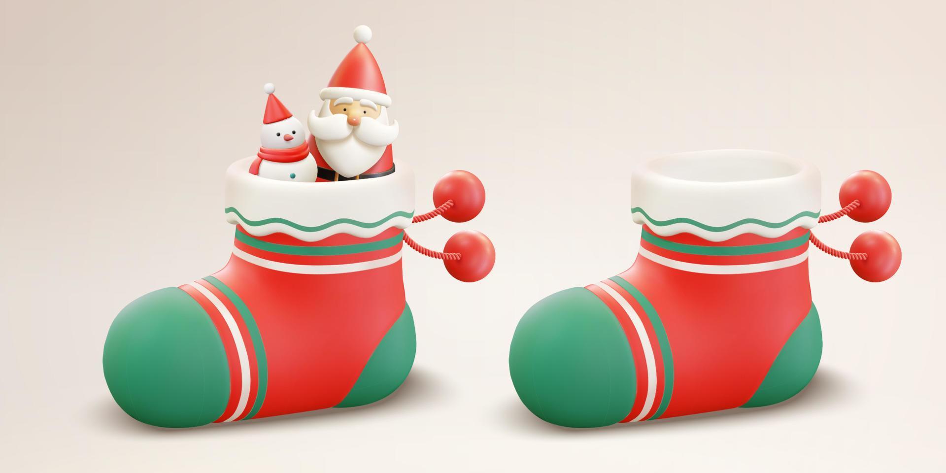 een paar- van 3d Kerstmis kousen. een met sneeuwman en de kerstman claus beeldje binnen het, terwijl de andere een is leeg vector