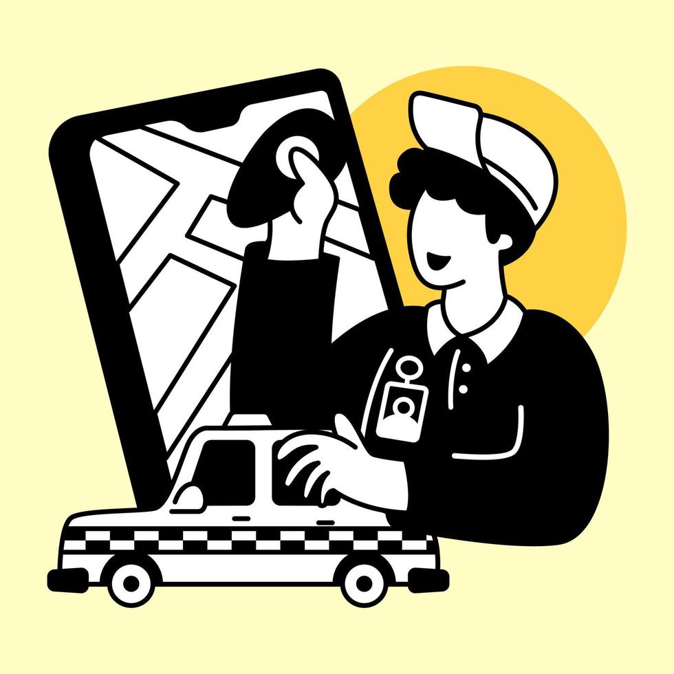 taxi bestuurder op zoek voor bestemming plaats met smartphone. vlak ontwerp modern vector illustratie concept