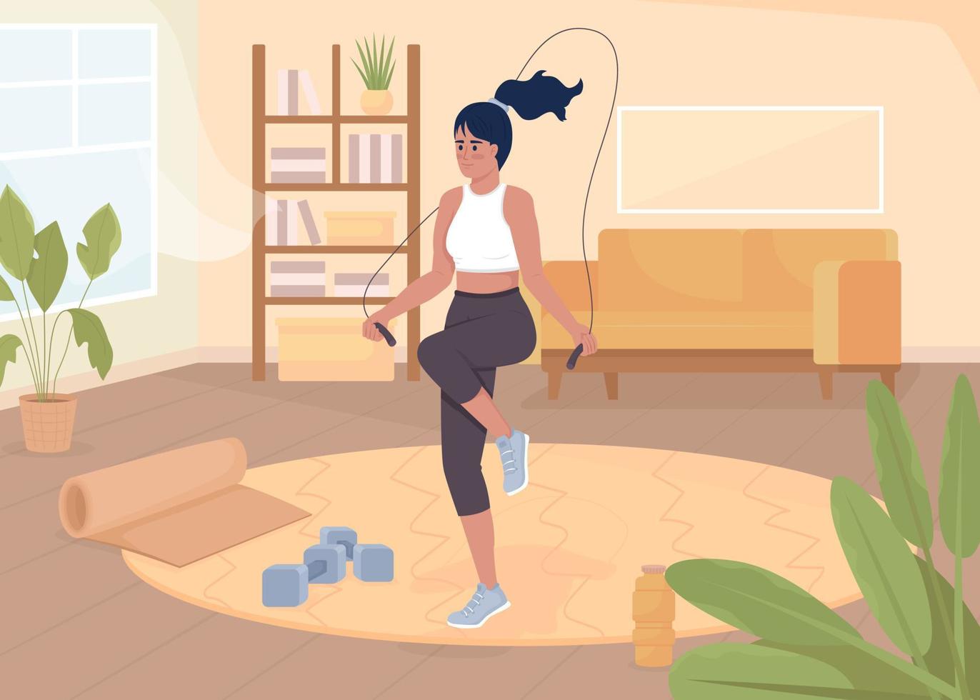 vrouw jumping Aan touw vlak kleur vector illustratie. actief sport- opleiding Bij huis. gezond levensstijl en welzijn. ten volle bewerkbare 2d gemakkelijk tekenfilm karakter met leven kamer Aan achtergrond