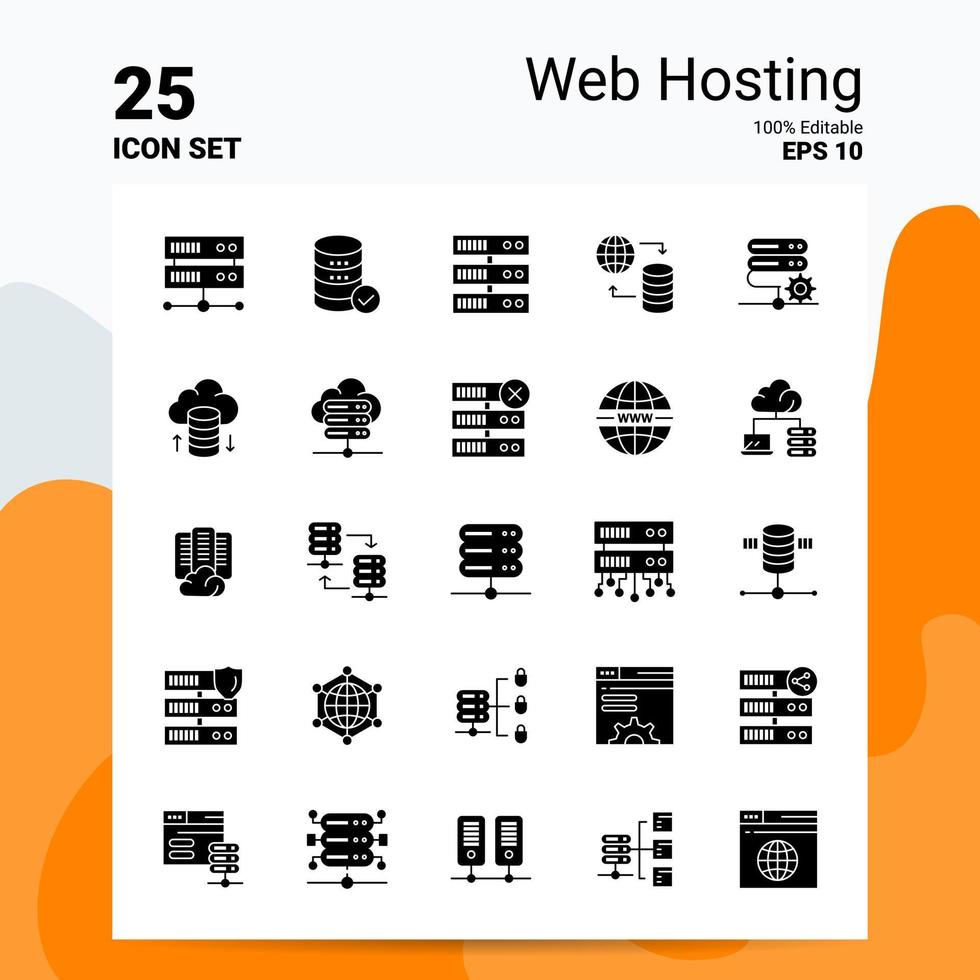25 web hosting icoon reeks 100 bewerkbare eps 10 bestanden bedrijf logo concept ideeën solide glyph icoon ontwerp vector