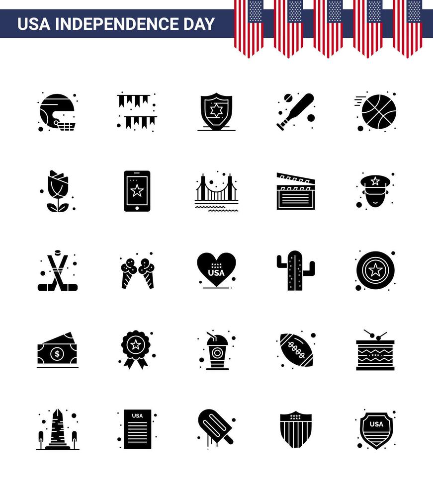 Verenigde Staten van Amerika gelukkig onafhankelijkheid dagpictogram reeks van 25 gemakkelijk solide glyph van basketbal knuppel Gorzen basketbal bescherming bewerkbare Verenigde Staten van Amerika dag vector ontwerp elementen