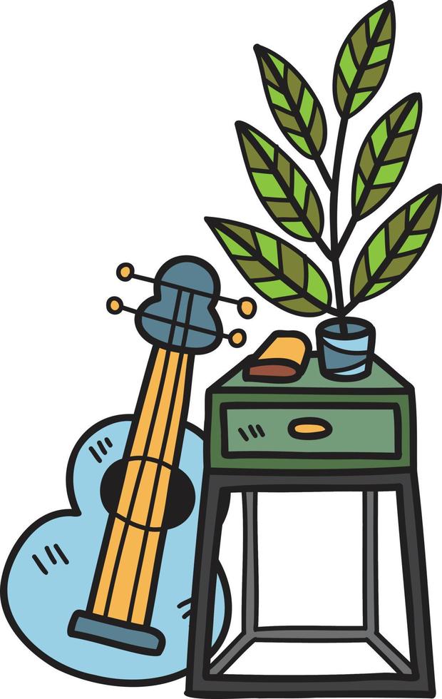 hand- getrokken akoestisch gitaar en fabriek pot illustratie vector