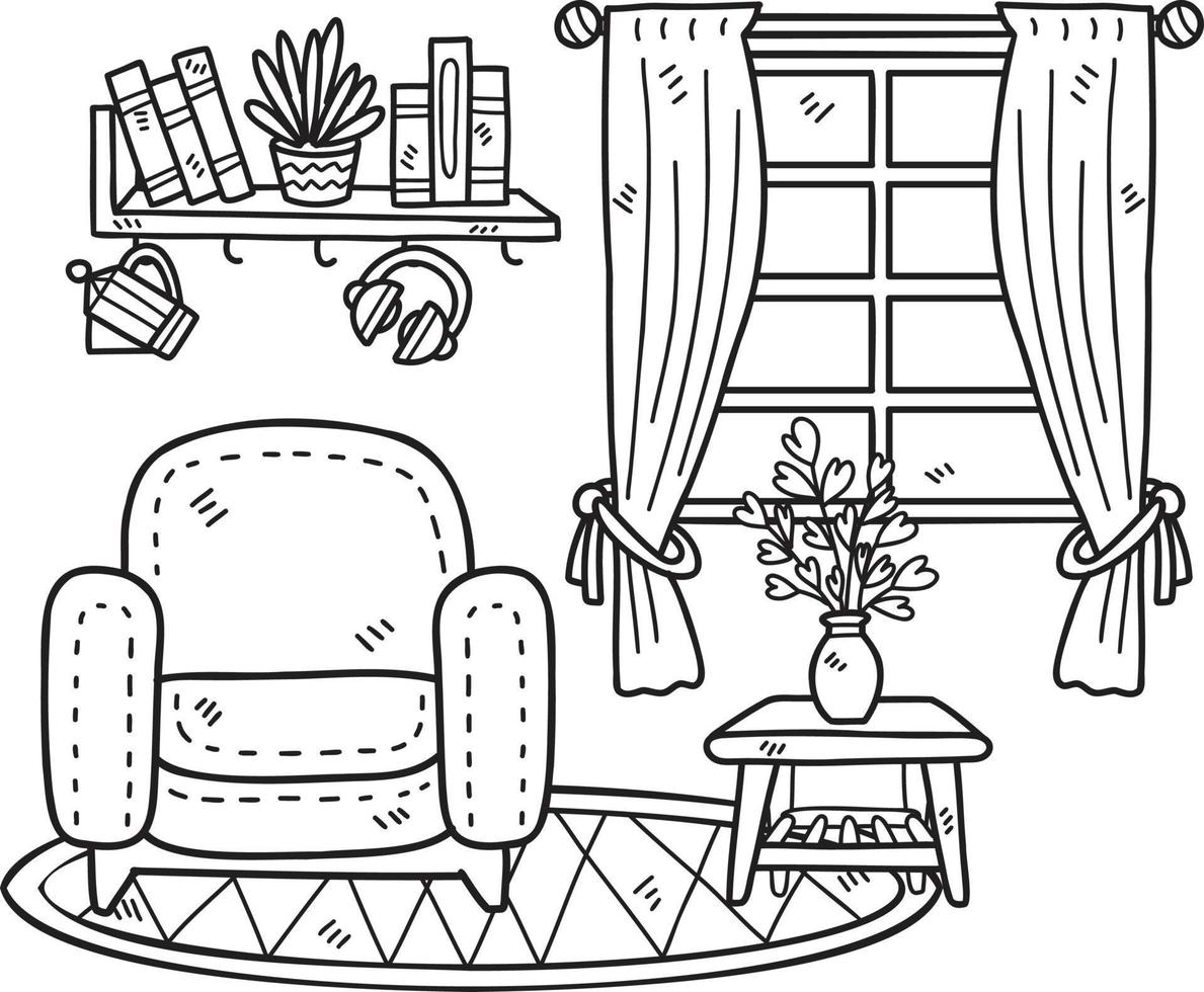 hand- getrokken sofa en venster interieur kamer illustratie vector