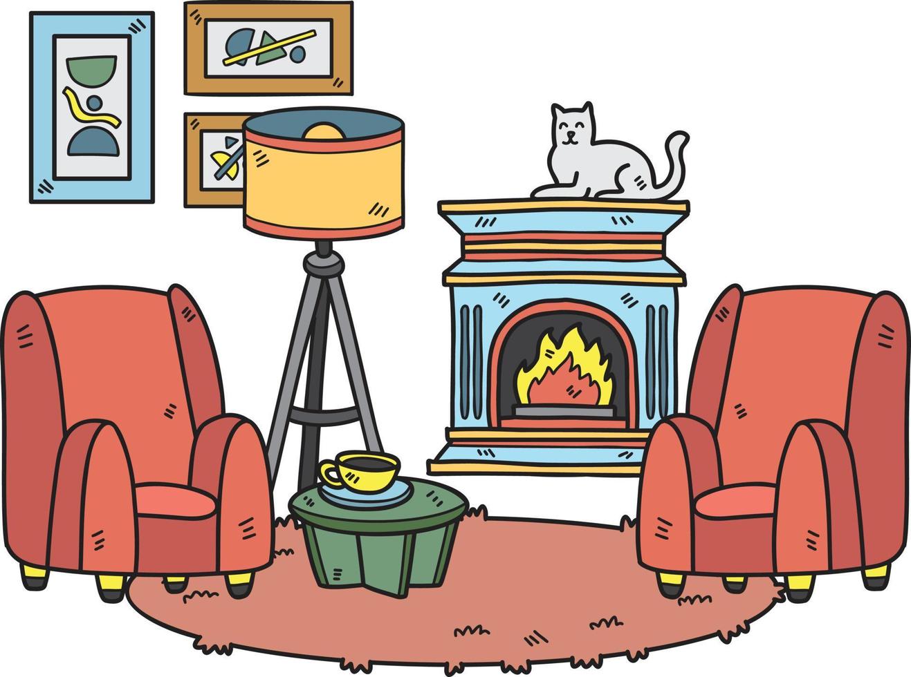 hand- getrokken haard met katten en sofa interieur kamer illustratie vector