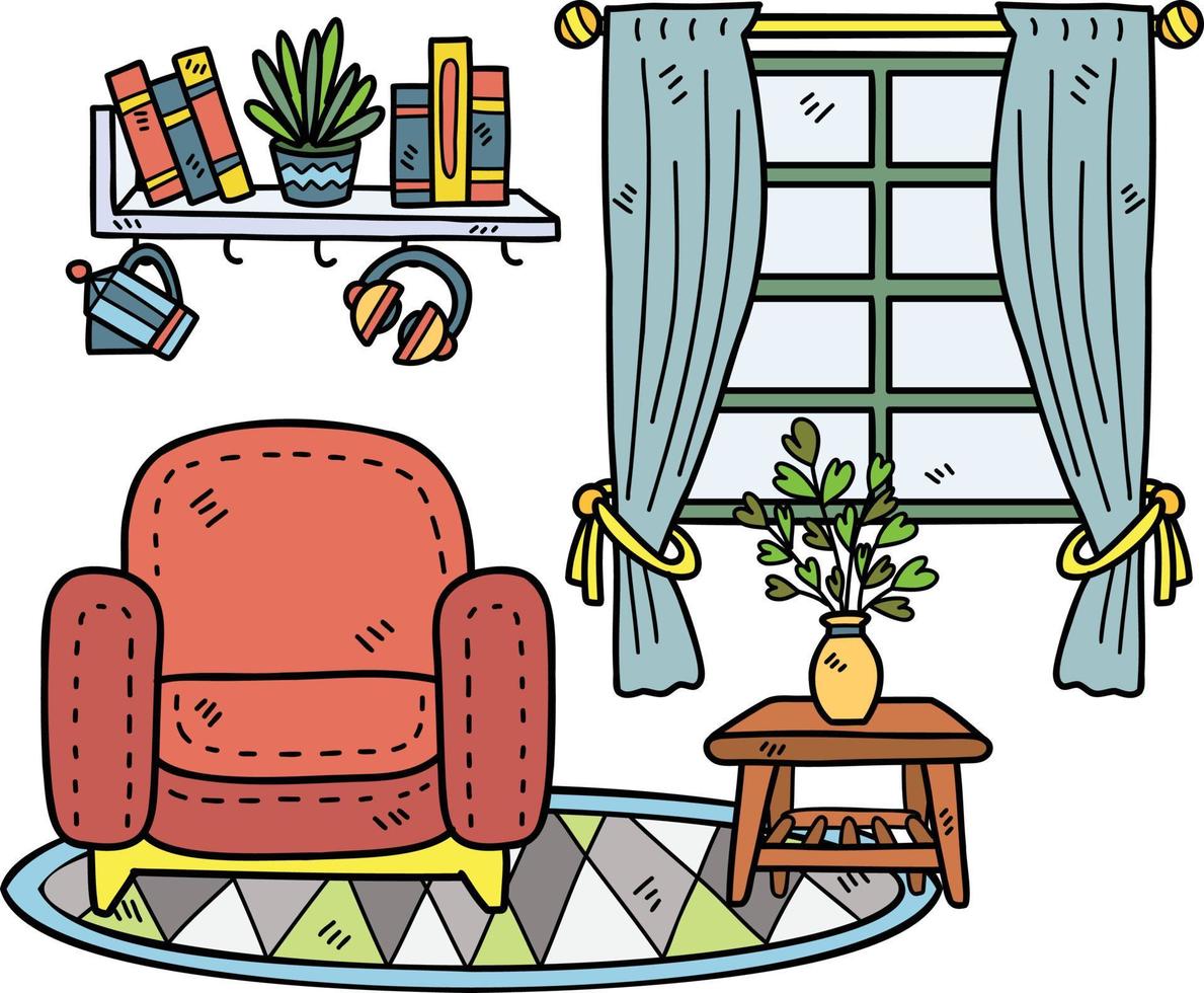 hand- getrokken sofa en venster interieur kamer illustratie vector