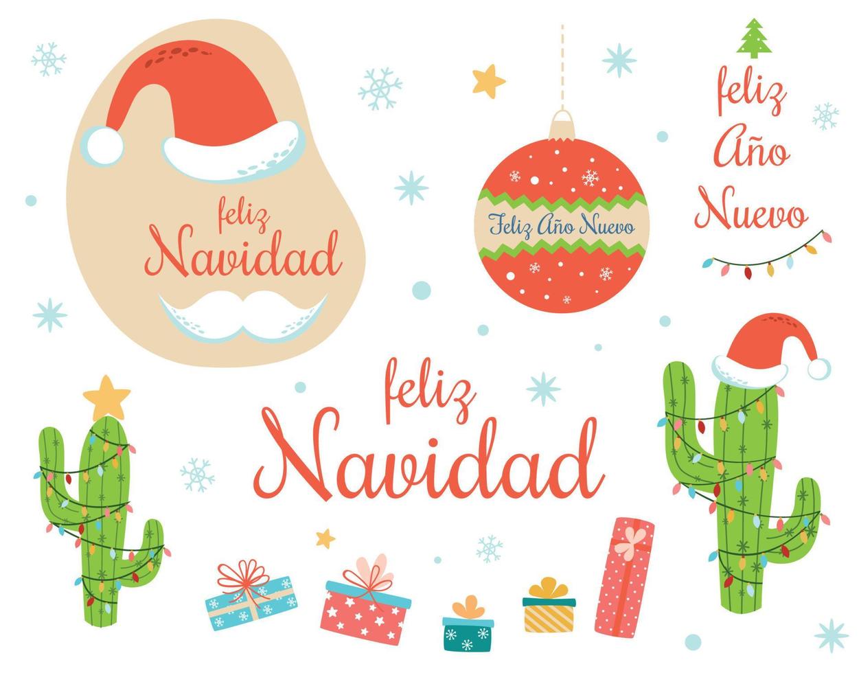 Spaans Mexicaans Kerstmis klem kunst verzameling hand- getrokken reeks tekst feliz navidad, ano nuevo versierd Kerstmis licht cactus, de kerstman hoed, snor bal geschenk doos sneeuwvlokken. nieuw jaar vector illustratie.