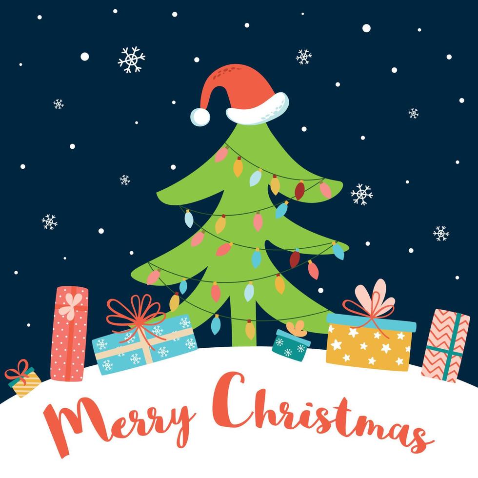 Kerstmis boom in rood de kerstman hoed, cadeaus Cadeau dozen Aan besneeuwd donker blauw nacht achtergrond. nieuw jaar concept. hand- getrokken schattig ontwerp. tekst vrolijk kerstmis. grafisch tekening. vector illustratie.