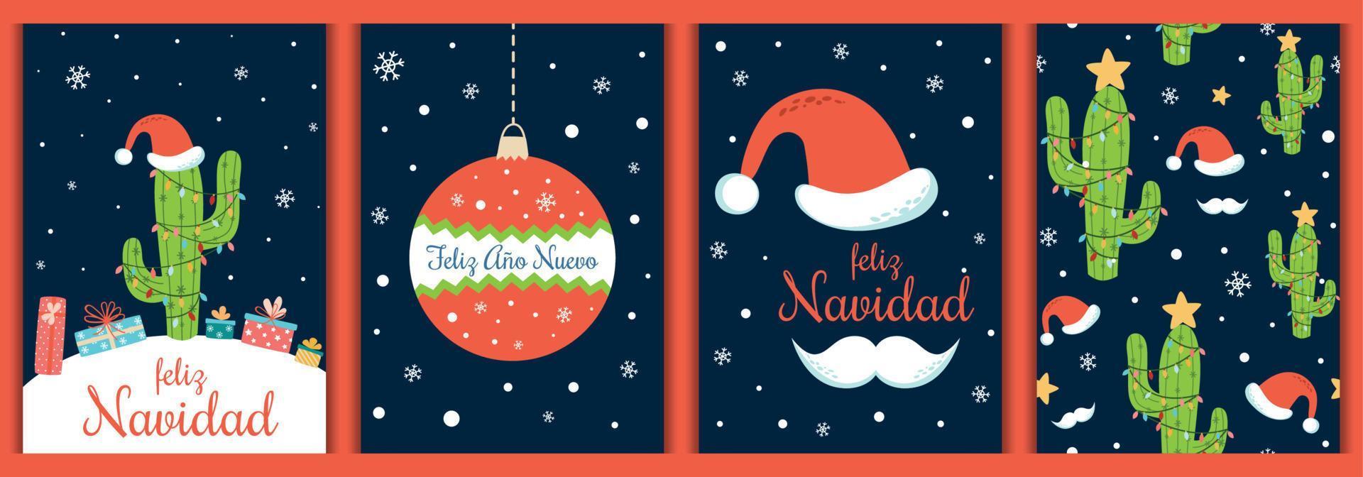 Spaans Kerstmis kaarten reeks tekst feliz navidad, ano nuevo versierd Kerstmis cactus, de kerstman hoed, snor, bal Aan donker blauw achtergrond. winter uitnodiging, groet kaart, afdrukken. vector illustratie.