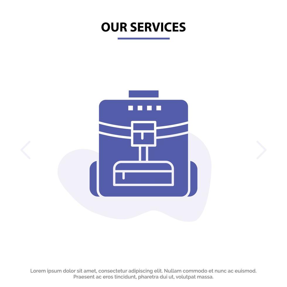 onze Diensten zak terug zak school- onderhoud solide glyph icoon web kaart sjabloon vector