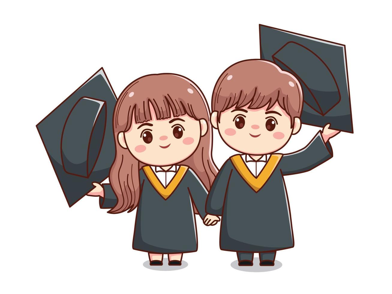 gelukkig paar diploma uitreiking jongen en meisje Holding hand- schattig kawaii chibi tekenfilm karakter illustratie vector