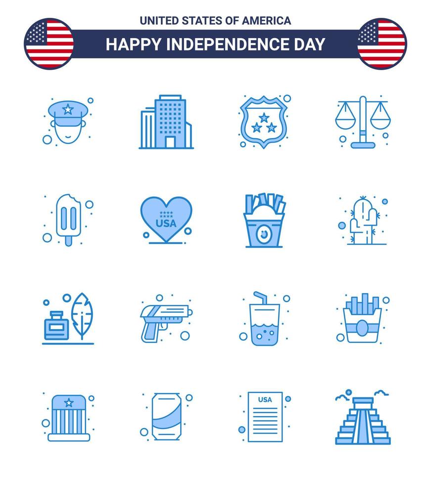 16 Verenigde Staten van Amerika blauw pak van onafhankelijkheid dag tekens en symbolen van hart ijslolly schild ijs room wet bewerkbare Verenigde Staten van Amerika dag vector ontwerp elementen