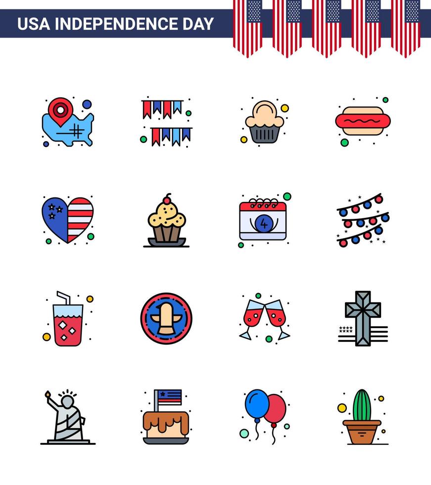 gelukkig onafhankelijkheid dag 4e juli reeks van 16 vlak gevulde lijnen Amerikaans pictogram van heet ik hond decoratie heet hond zoet bewerkbare Verenigde Staten van Amerika dag vector ontwerp elementen