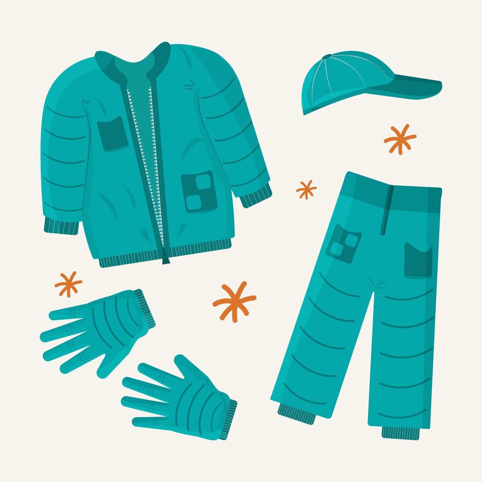 kleren reeks winter en herfst. aquamarijn, blauw jasje, broek, handschoenen, kap. vector illustratie