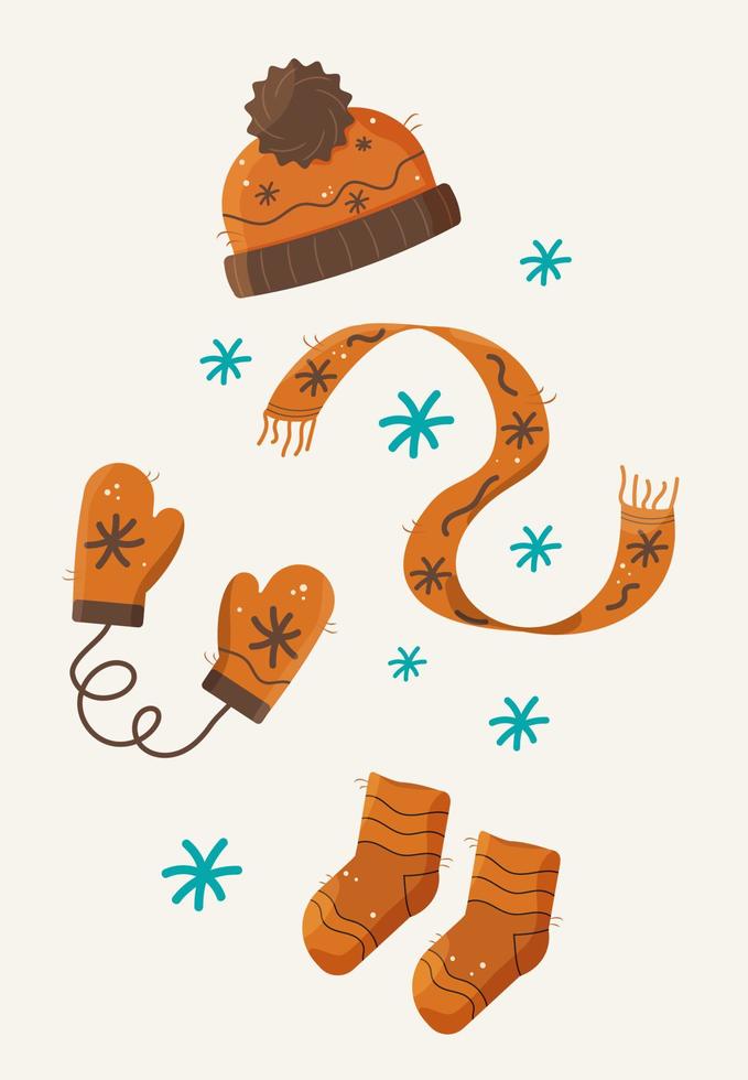 kleren reeks winter en herfst. oranje hoed, sjaal, wanten, sokken, sneeuwvlokken. vector illustratie