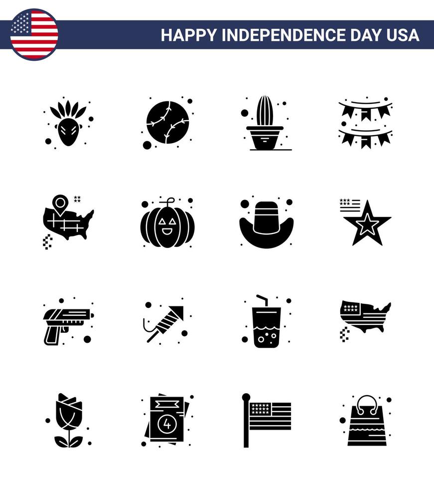 Verenigde Staten van Amerika onafhankelijkheid dag solide glyph reeks van 16 Verenigde Staten van Amerika pictogrammen van kaart slinger bloem partij Gorzen bewerkbare Verenigde Staten van Amerika dag vector ontwerp elementen