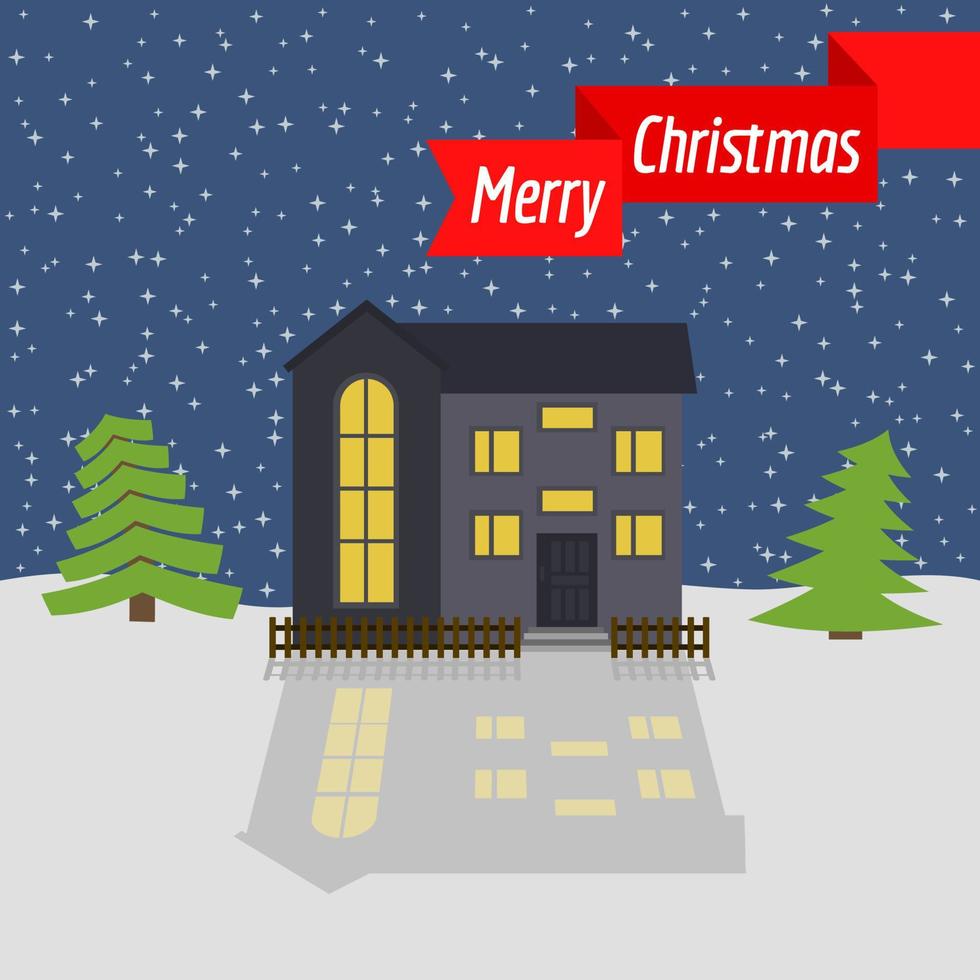 winter nacht met eenzaam huis en stellair lucht en een rood lint met de opschrift gelukkig kerstmis. vector illustratie.