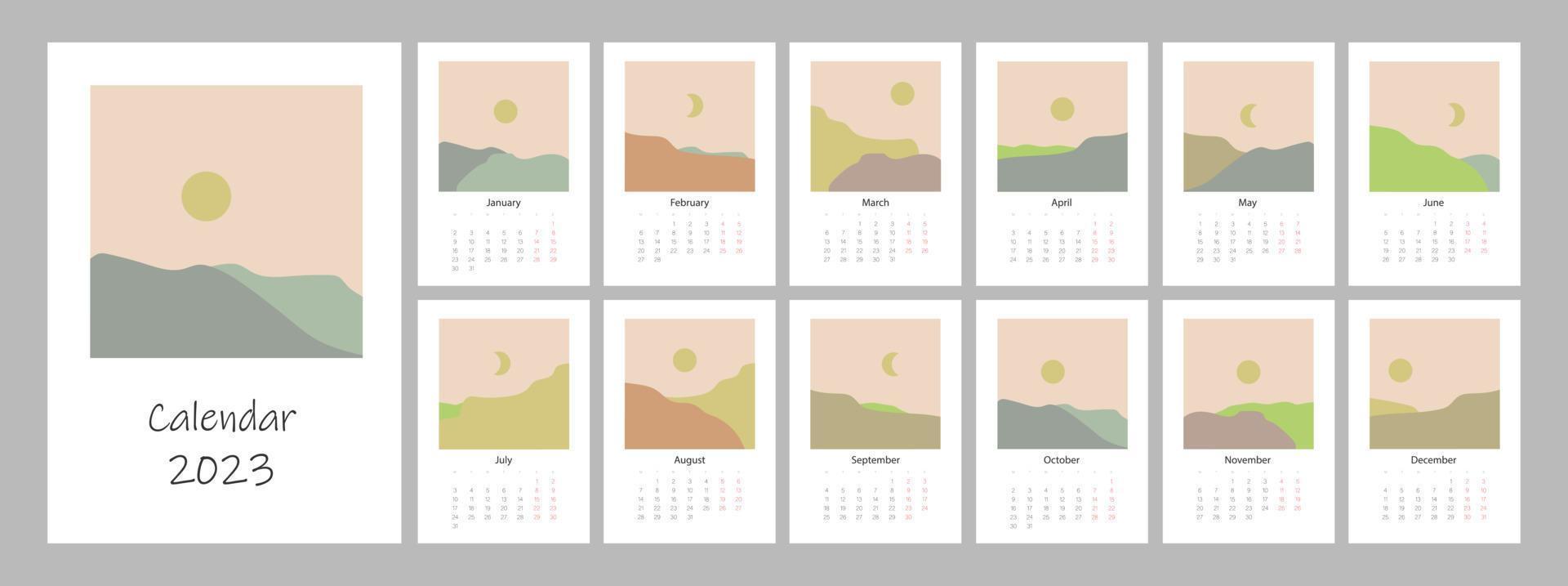 kalender 2023 jaar sjabloon. verticaal ontwerp met abstract boho landschap. bewerkbare illustratie bladzijde sjabloon a4, a3, reeks van 12 maanden met omslag. vector gaas. week begint Aan maandag.