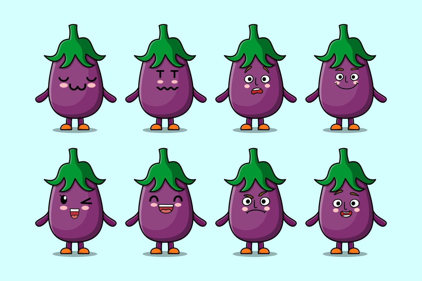 reeks kawaii aubergine tekenfilm verschillend uitdrukkingen vector