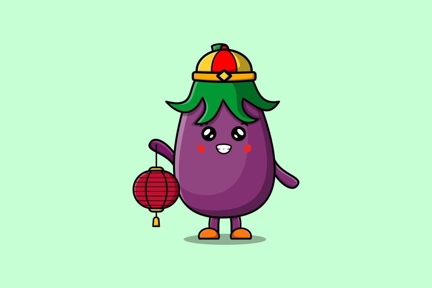 schattig tekenfilm aubergine Chinese Holding lantaarn vector