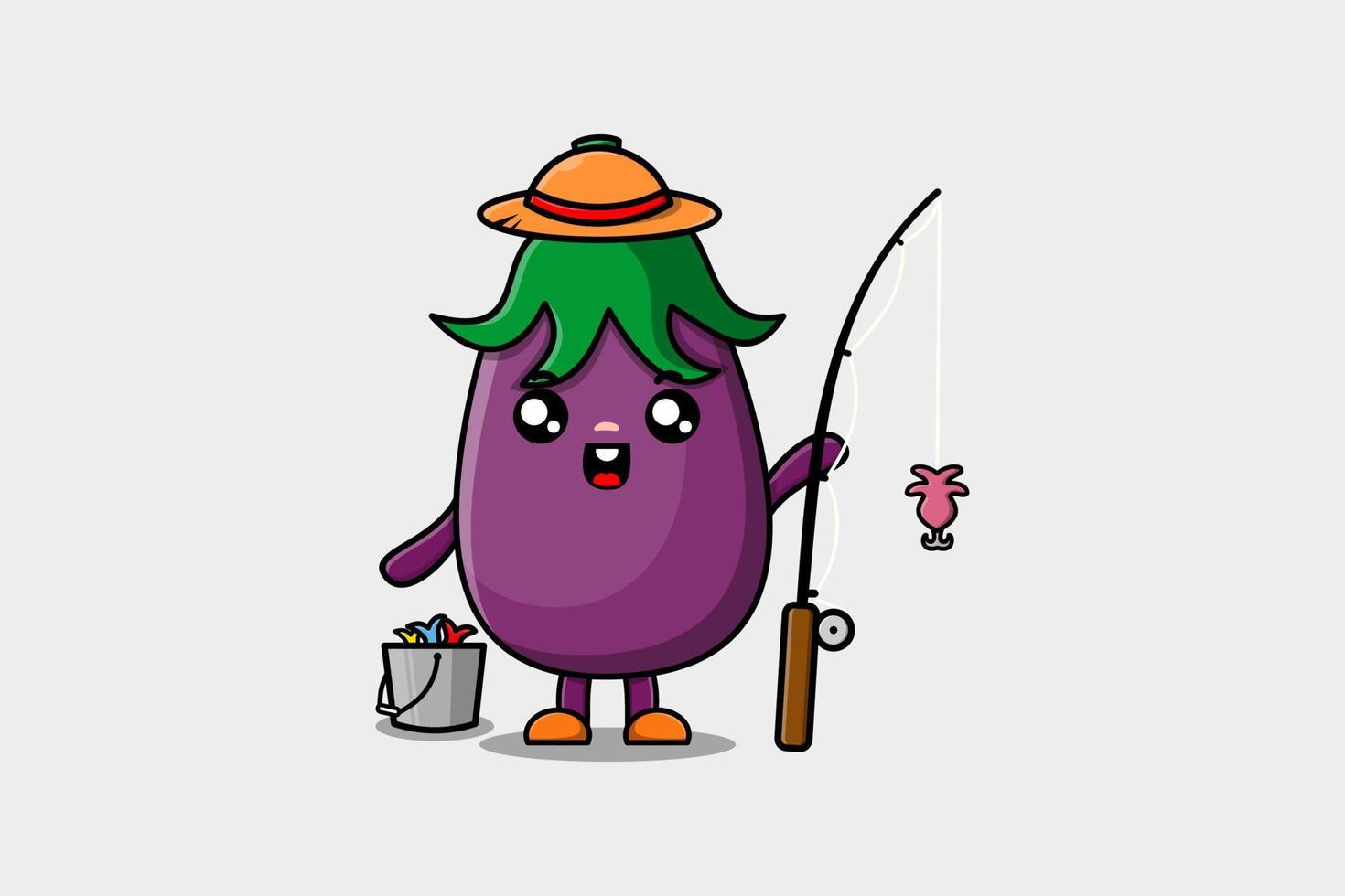 schattig tekenfilm aubergine klaar visvangst illustratie vector