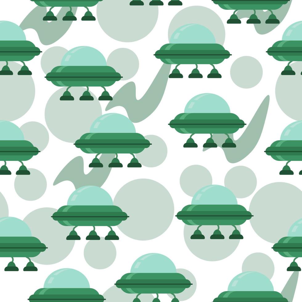 naadloos patroon van ufo ruimteschepen in groen tinten in tekenfilm stijl, vliegend voorwerpen en abstract cirkels Aan een wit achtergrond vector