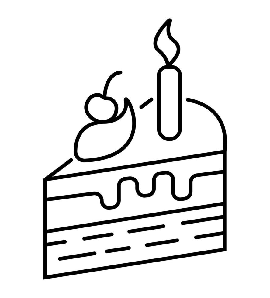 stuk van taart icoon in schets stijl. soufflé, nee, kwarktaart met kaarsen. de viering van de geboorte. taart met kers vector