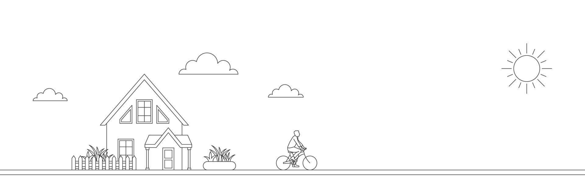 eco stad vriendelijk concept. mannen zijn wielersport in de gazon. mannen gaat naar werk met fiets lijn vector illustratie.