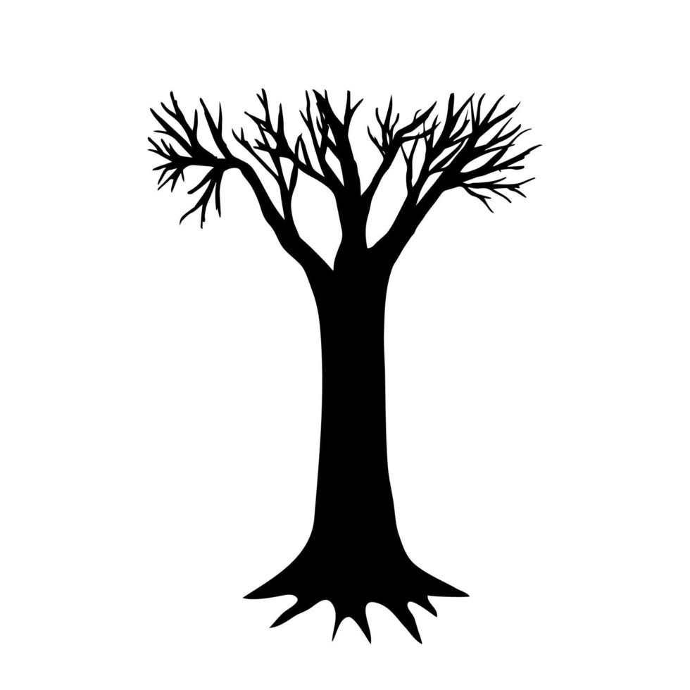 vol lengte zwart silhouet van een boom zonder bladeren. spoor van een hand getekend tekening. vector illustratie